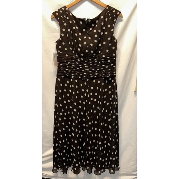 NWT Adrianna Papell Sz 12 Brown Silk Chiffon Polka Dot Midi Dress Lined Wedding - Picture 12 of 12